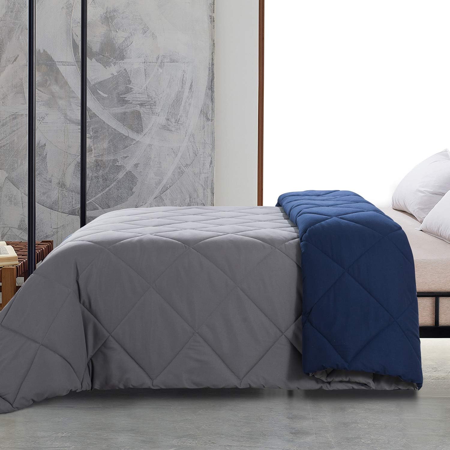 Cosybay Reversible Down Alternative Comforter Grey/Blue - Corner Duvet Tabs- Double Sided & Lighweight -All Season Duvet Insert-Stand Alone Comforter – Queen Size（88×92 Inch）: Kitchen & Dining