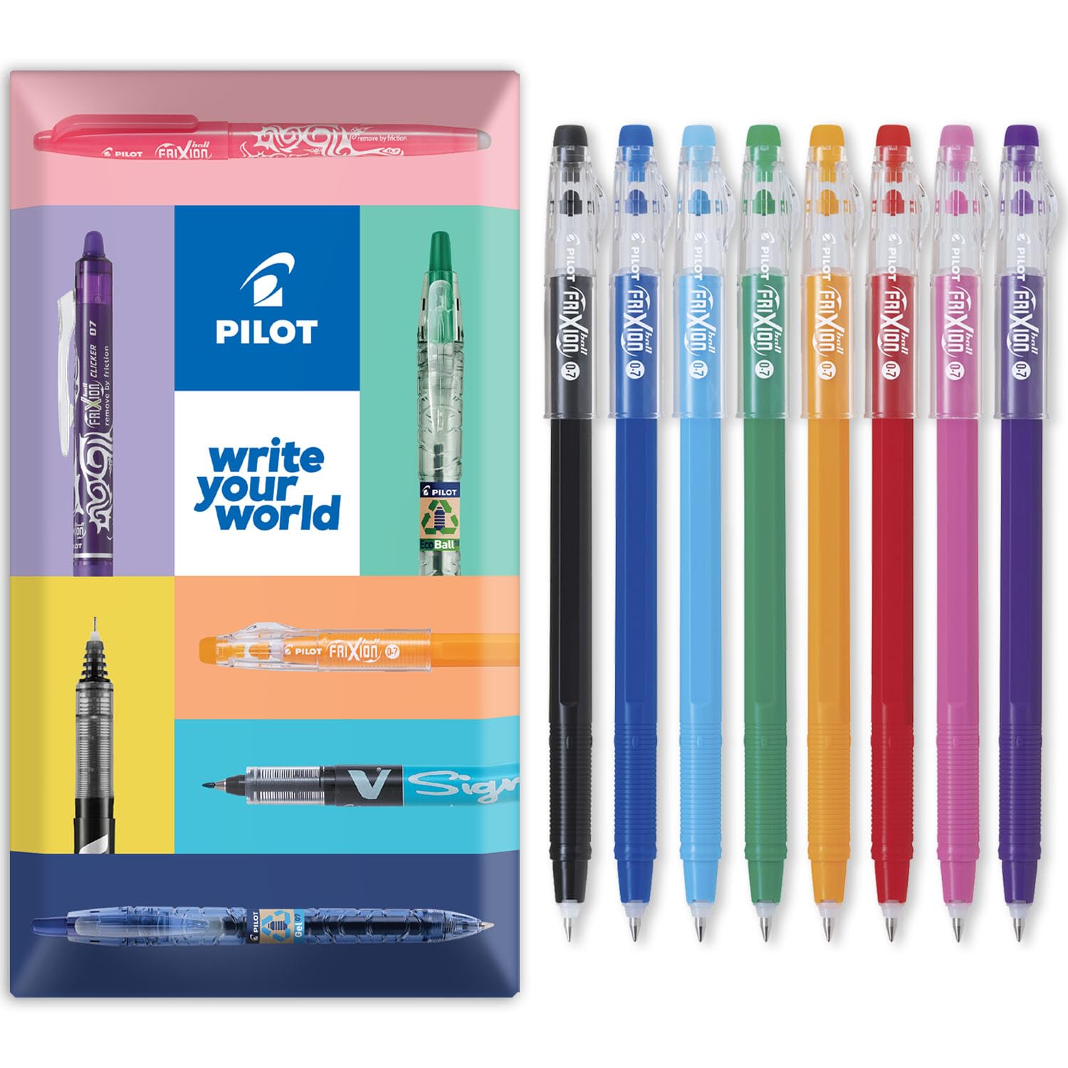 PILOT FriXion Ball Stick 07-0.7mm Nib Tip - Erasable Gel Ink Pens - In Envelope Gift Packaging (Essential Wallet of 8)