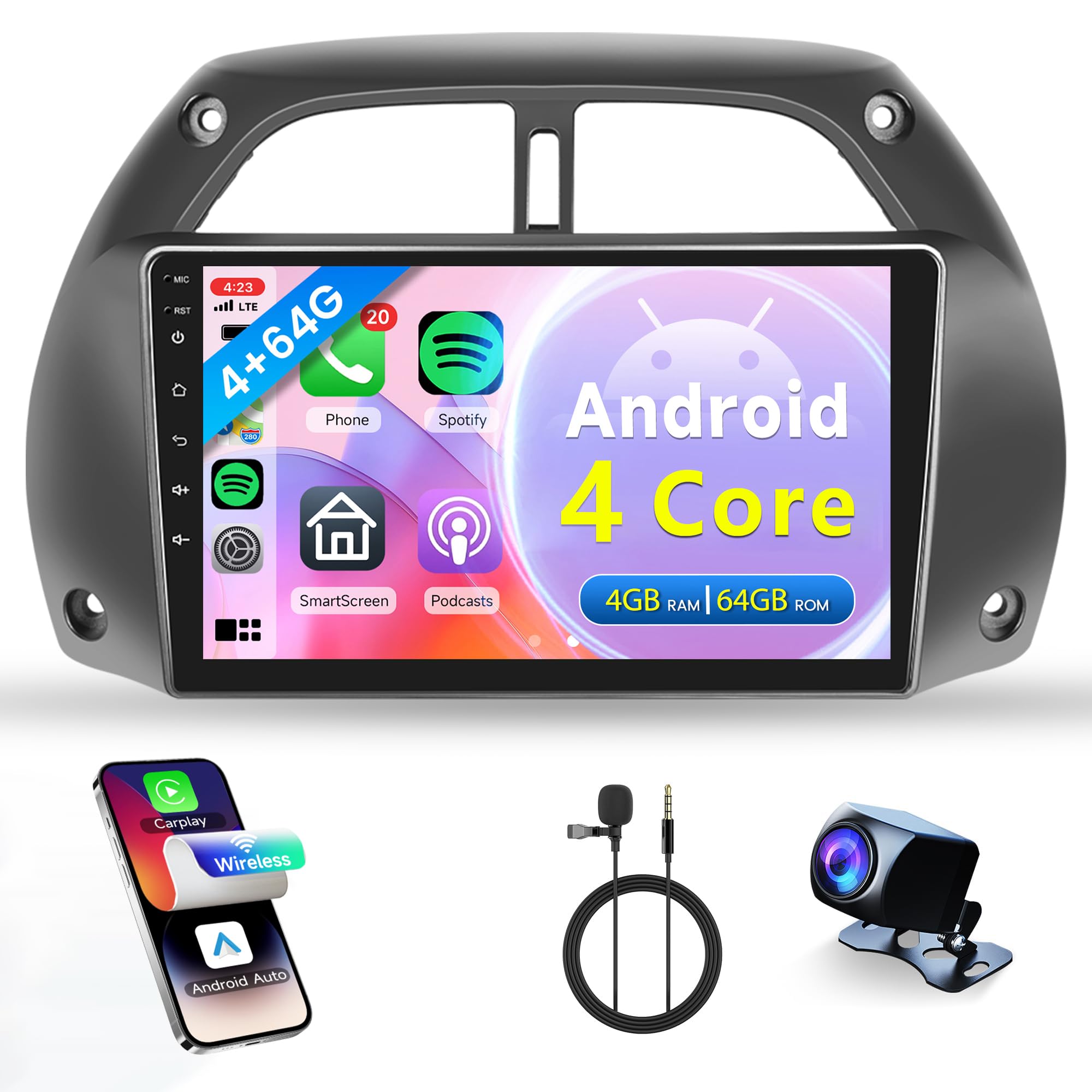 Photo 1 of 4Core 4G+64G CAR Radio for Toyota RAV4 2001-2006, Rimoody Car Stereo with Wireless Carplay and Android Auto Mirror Link Android GPS WiFi DSP 9 Inch Touchscreen BT FM/RDS EQ SWC Backup Camera