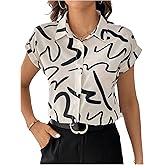SweatyRocks Women's Casual Printed Button Up Blouse Collar Dolman Short Sleeve Shirt Tops