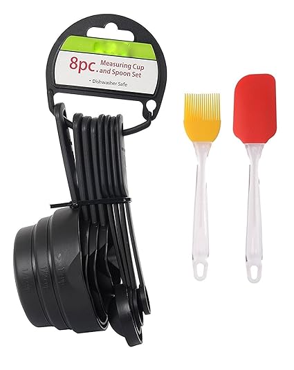 Sunam Popular Combo - 8 Pc Black Measuring Cups and Spoons Set + Silicone Spatula and Pastry Brush