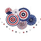 4th/Fourth of July Patriotic Party Decorations Set- Red White/Silver Blue Star Streamers and 6Pcs Red White Blue Hanging Paper Fans for American Independence Day Party Decor Supplies