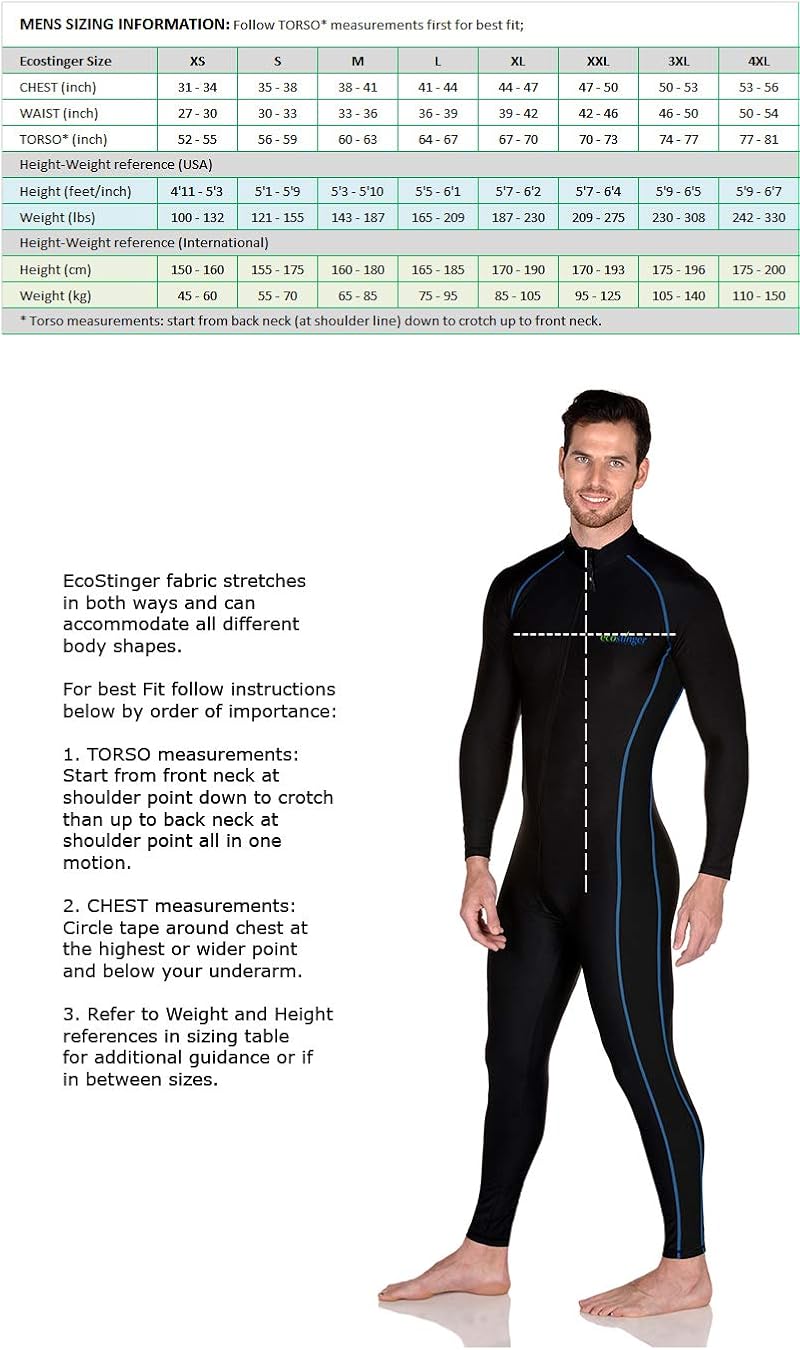 EcoStinger Men Full Body Swimsuit Stinger Suit UPF50+ Chlorine Resistant Black Royal Stitch: Clothing