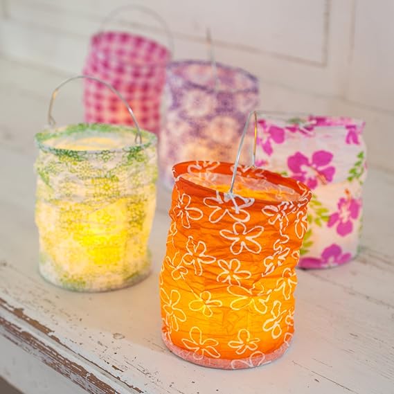 Set of 5 Boho Paper Lantern Holders with Battery LED Tea Lights by