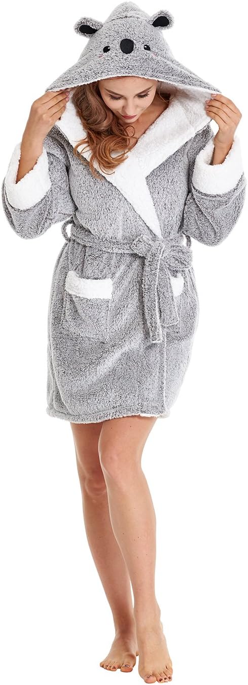 Firecos Plush Robes for Women Animal Hooded Robe Womens Soft Warm Short Fleece Bathrobe Winter Robe
