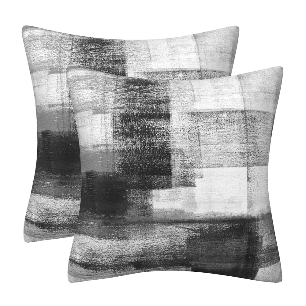 Cushion Covers 50cm x 50cm Double-Sided Black White Velvet Modern Abstract Art Square Pillowcases for Sofa Livingroom Bed Couch Outdoor Decorative Cushions Cases Set of 2