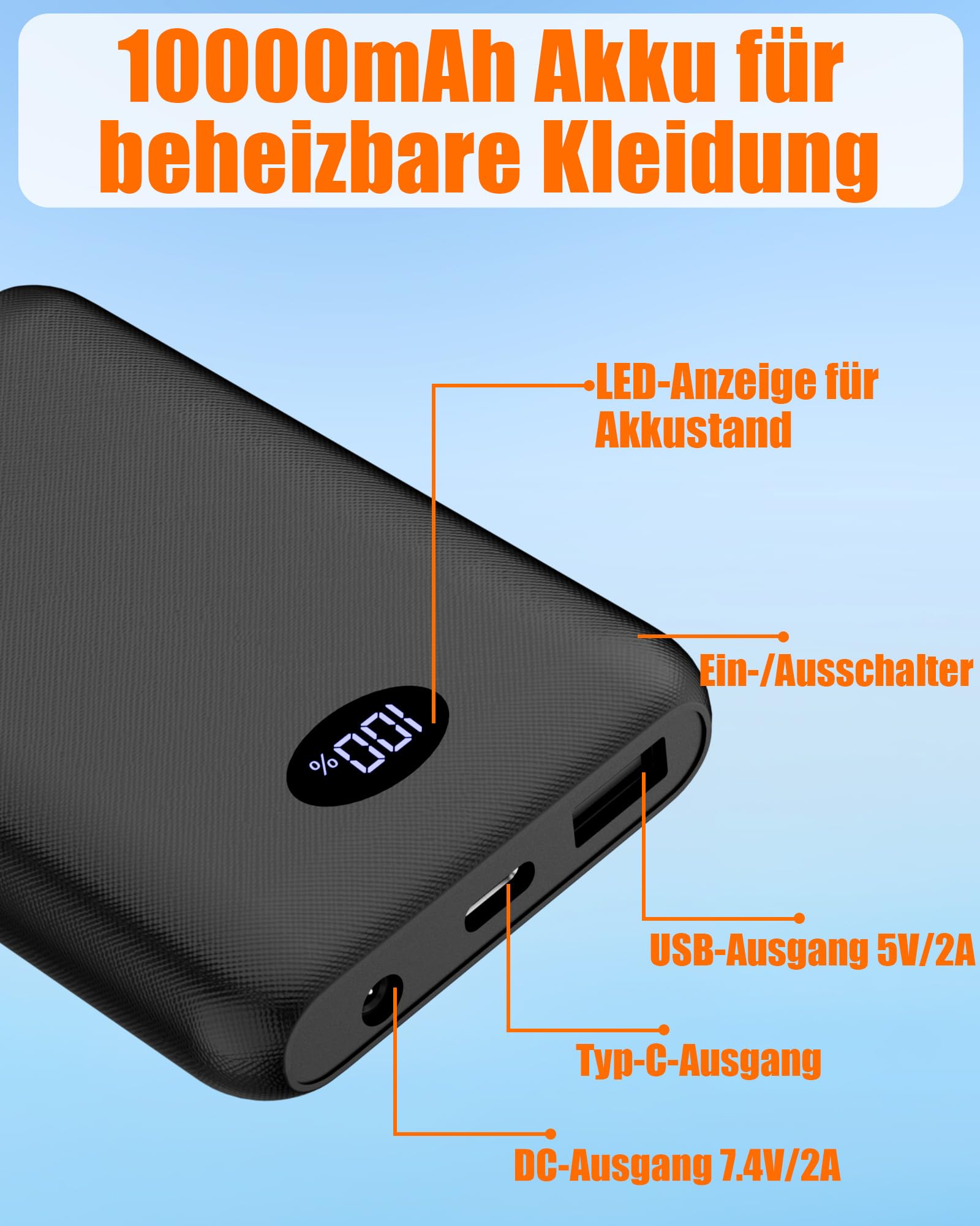 7,4V 2A 10000mAh Powerbank Für Heizweste Jacke Hose Und Beheizbare Unterwäsche – 5V3A Ersatzakku Für Heizkleidung 5