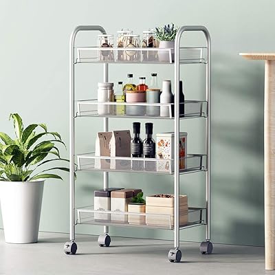 C-Easy 4-Tier Metal Rolling Trolley Storage Cart for Kitchen/Bathroom