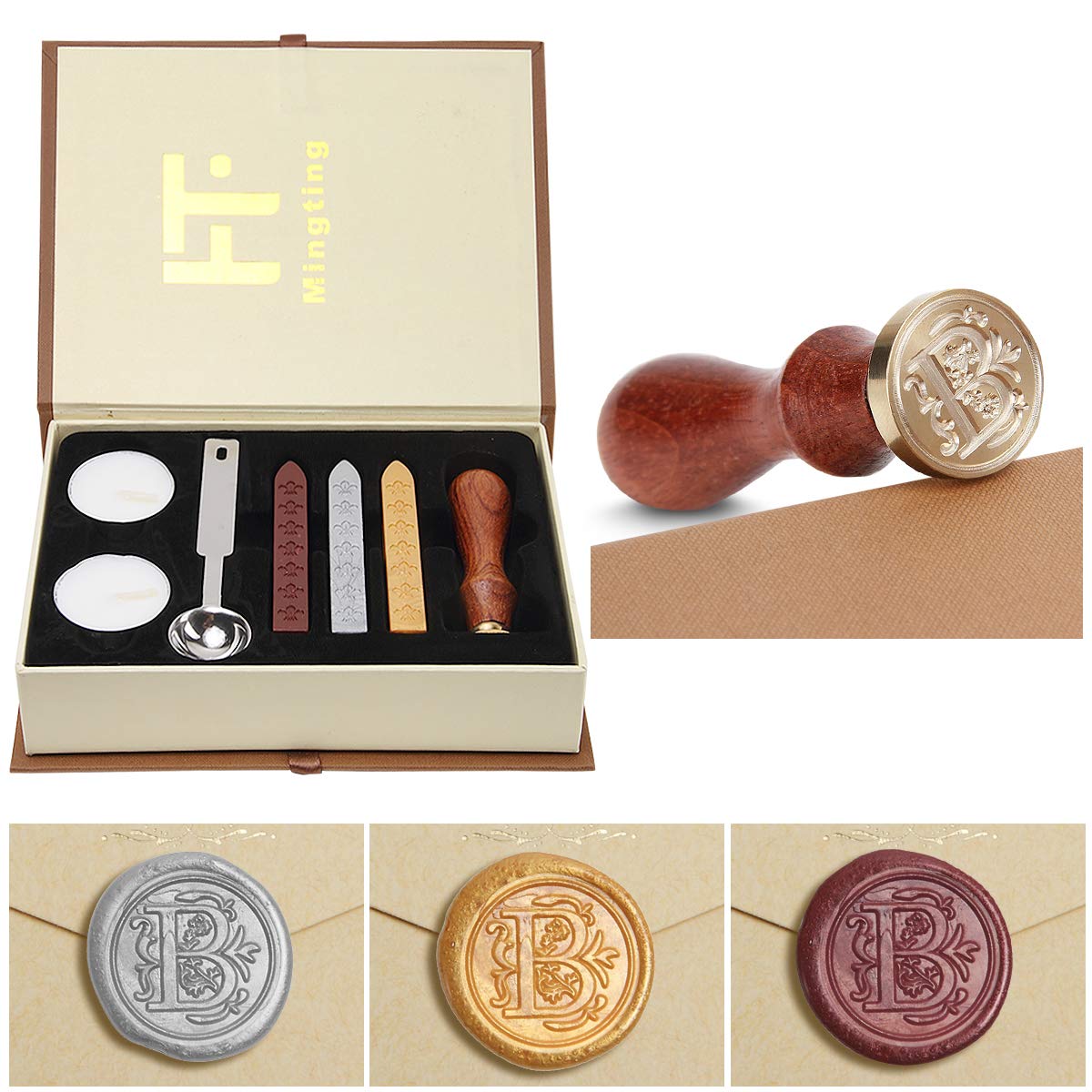 Wax Seal Stamp Kit, PUQU Classical Old-Fashioned Antique Wax Stamp Seal Kit Initial Letters Alphabet Set Gift Box with Vintage Wooden Handle and Brass Color Head (B)