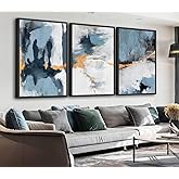 Large Framed Abstract Wall Art - Natural Framed Canvas Pictures for Living Room Modern Canvas Prints Grey Blue for Bedroom, Black Float Frame Art for Home Office Kitchen Decor 16" X 24" X 3pcs