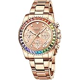 Women Colorful Diamond Watches Chronograph Rotatable Bezel Mineral Glass Luminous Watch Stainless Steel Waterproof Date Analog Quartz Watch Fashion Business Dress Wristwatch