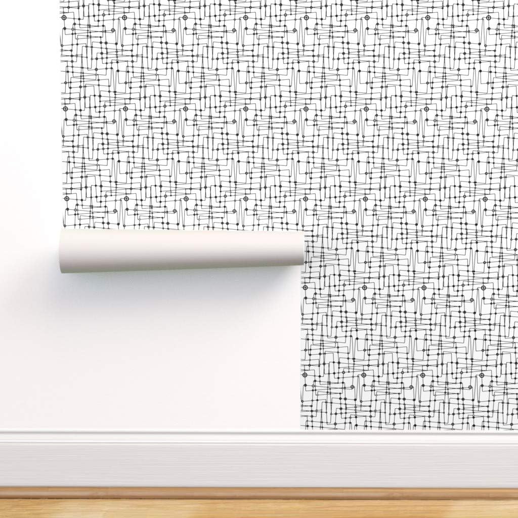 Spoonflower Non-Pasted Wallpaper, Abstract Astro Lines Modern Mid Century Decor Space White Black Monochrome Midcentury Print, Swatch 12in x 24in