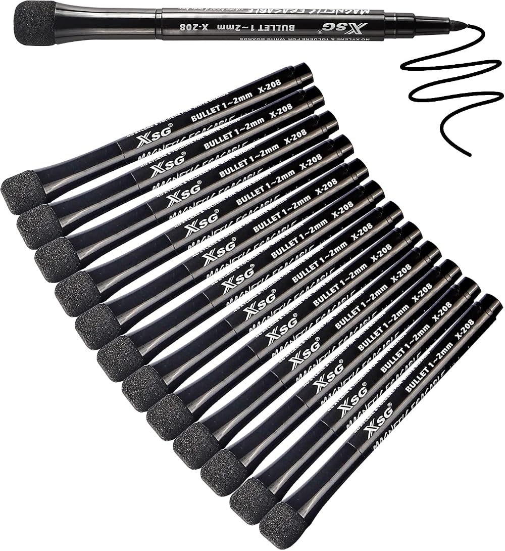 ABEIER Whiteboard Marker 12 Black Magnetic Sponge Dry Wipe Round Tip 1-2mm