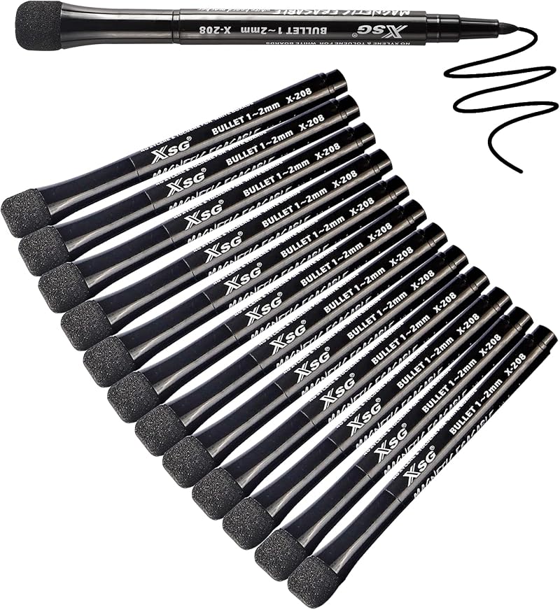 ABEIER Whiteboard Marker 12 Black Magnetic Sponge Dry Wipe Round Tip 1-2mm