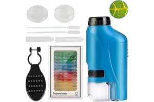 EDOTTBAG 60x-120x Pocket Microscope for Kids, Miniscope,Mini Microscope for Kids Portable 6-Piece Set Scope for Educational Science with LED Light (Blue+Sample+6 Pcs Microscope Accessories)