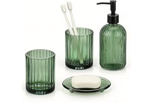 Topsky 4 Pcs Glass Bathroom Accessories Set,13.5oz Liquid Hand Soap Dispenser with Toothbrush Holder,Mouthwash Cup,Soap Dish 