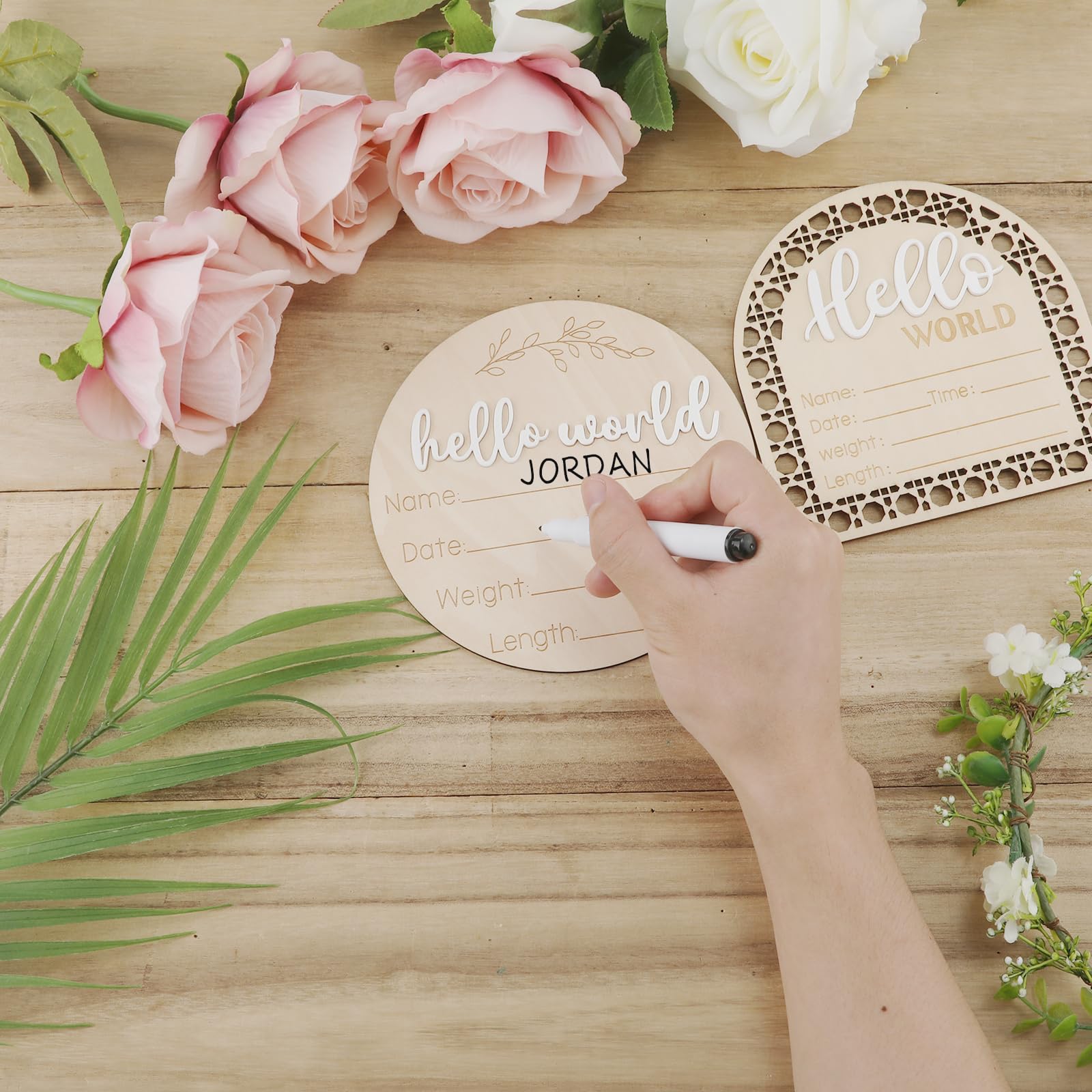2pcs Baby Announcement Sign, Newborn Announcement Sign Wooden Baby Announcement Sign Birth Announcement Cards for Girl Boy Photo Prop Baby Shower Nursery Hospital