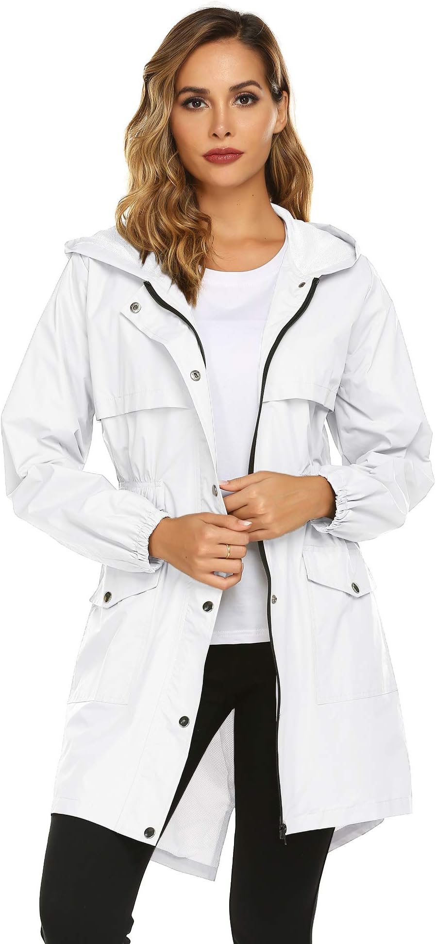 Womens Rain Coat Lightweight Hooded Long Raincoat Outdoor Breathable Rain Jackets