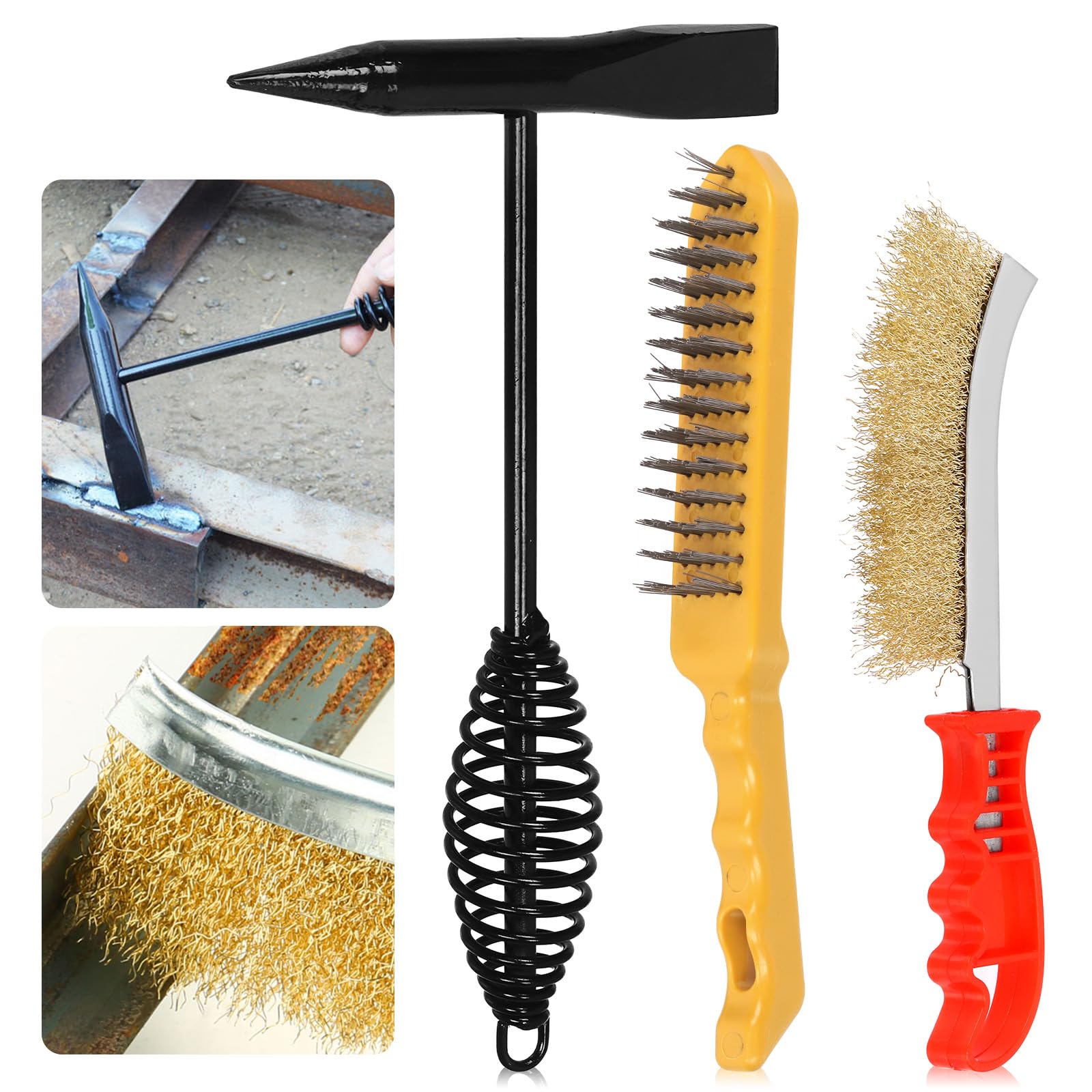 Keadic 3pcs 10" Welding Hammer and Wire Brush Set - 500g Forged Steel Chipping Tool With Coil Spring Handle for Rust and Slag Removal