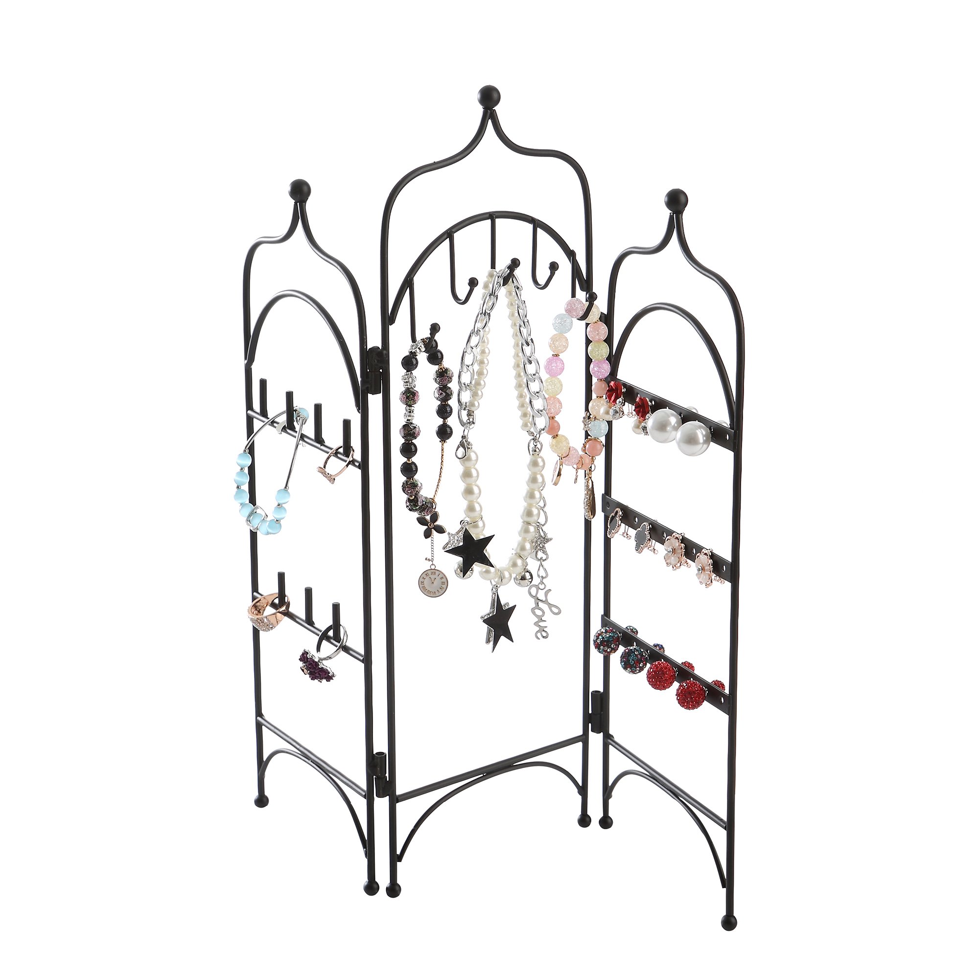 Modern Black Metal 3 Panel Trellis Folding Jewelry Hanger Organizer for Bracelet, Earrings, Necklace