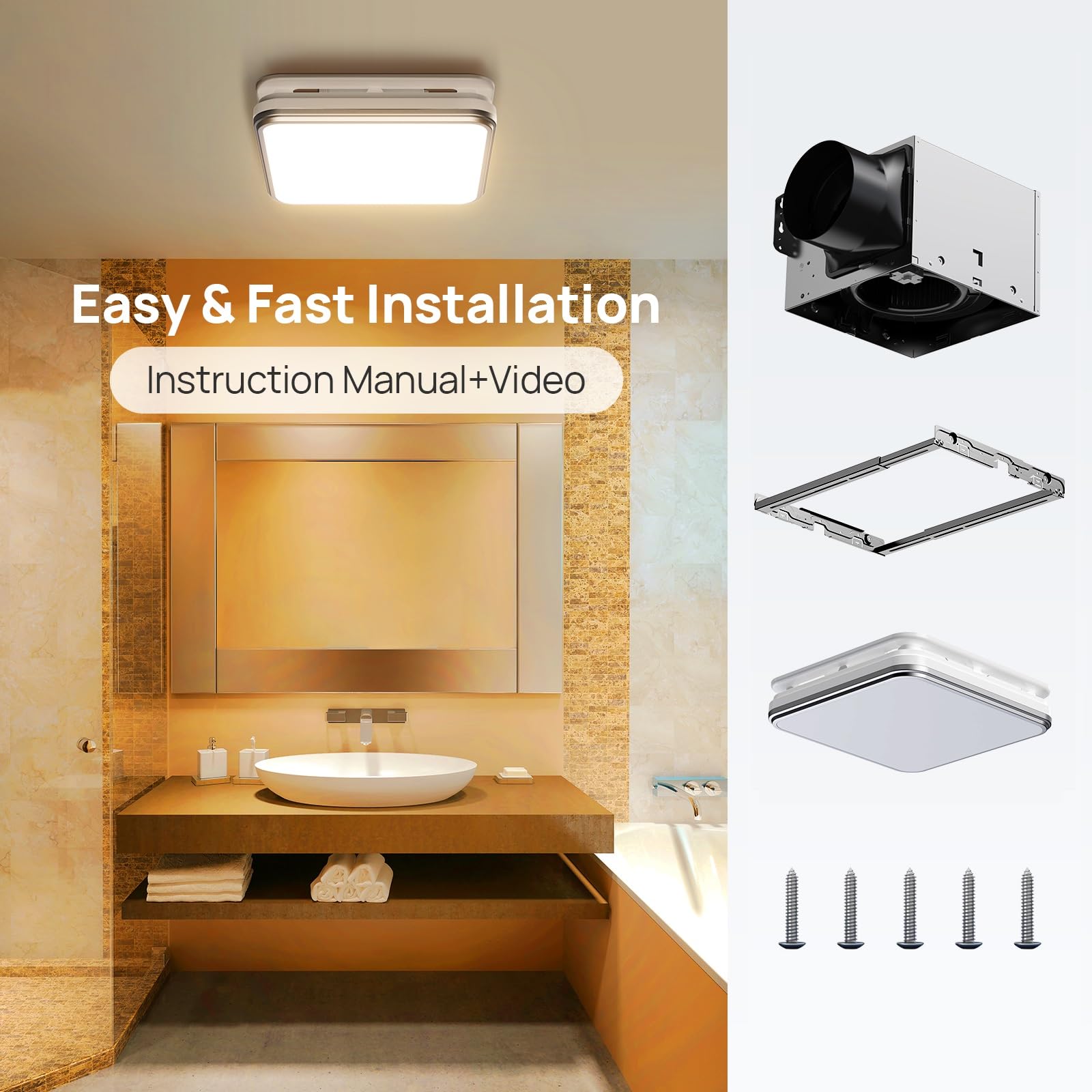 Consciot Bathroom Exhaust Fan with Light, 110/160 CFM Adjustable, 0.8/1.0 Sone, suitable for mounting hole 11.39 x 10.42 inches, Bath Ventilation Fan with 1500Lm LED Light 3CCT Selectable & Nightlight