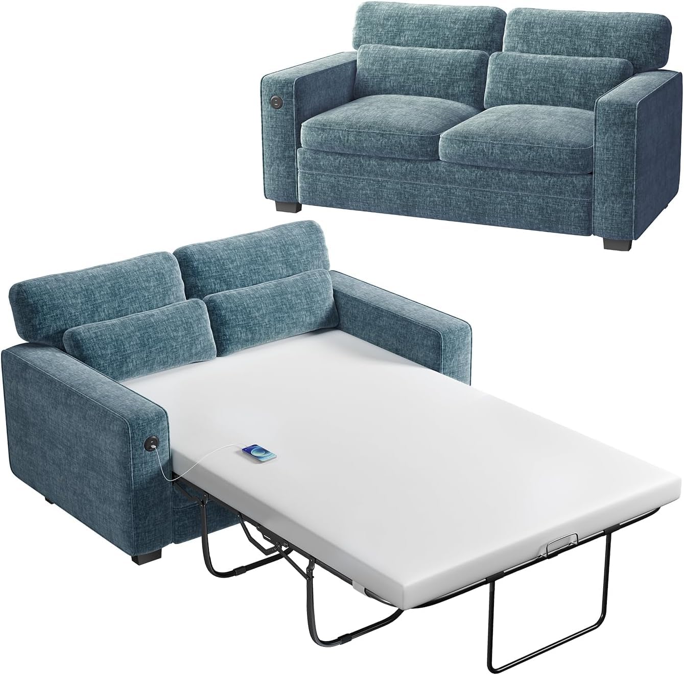 Photo 1 of Marsail Pull Out Sofa Bed, Full Size Sleeper Sofa with Memory Foam Mattress, 2 USB Charging and Removable Covers, Loveseat for Living Room, Apartment, Supports 600 LBS, Chenille Fabric, Blue