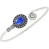 Natural Gemstones 925 Silver Plated Cuff Bracelets for Women - Oval Shape Stone Birthstone Handmade Adjustable Open Bangle Jewelry - Gifts for Wedding Anniversary Valentine's Day Christmas