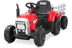 Kidzone 12V 7AH Treaded Tires with Dual 25W Motors Remote Control Battery Powered Electric Tractor with Trailer Toddler Ride On Toy with 3-Gear-Shift 7-LED Lights, MP3 Audio - Red