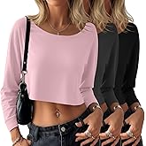 Neer 3 Pack Women's Cropped Long Sleeve Tops, Scoop Neck Loose Fit Sweatshirt Drop Shoulder Casual Basic Crop Tees