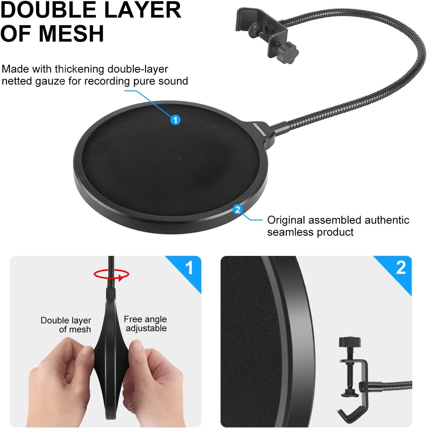 Aokeo Professional Microphone Pop Filter Mask Shield For Blue Yeti and Any Other Microphone, Mic Dual Layered Wind Pop Screen With A Flexible 360° Gooseneck Clip Stabilizing Arm: Musical Instruments