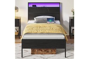 Rolanstar Twin Bed Frames with Headboard, Twin Bed with LED Lights, Camas Twin Size Bed with Charging Station, Solid Metal Slats, Noise Free, No Box Spring Needed, Black
