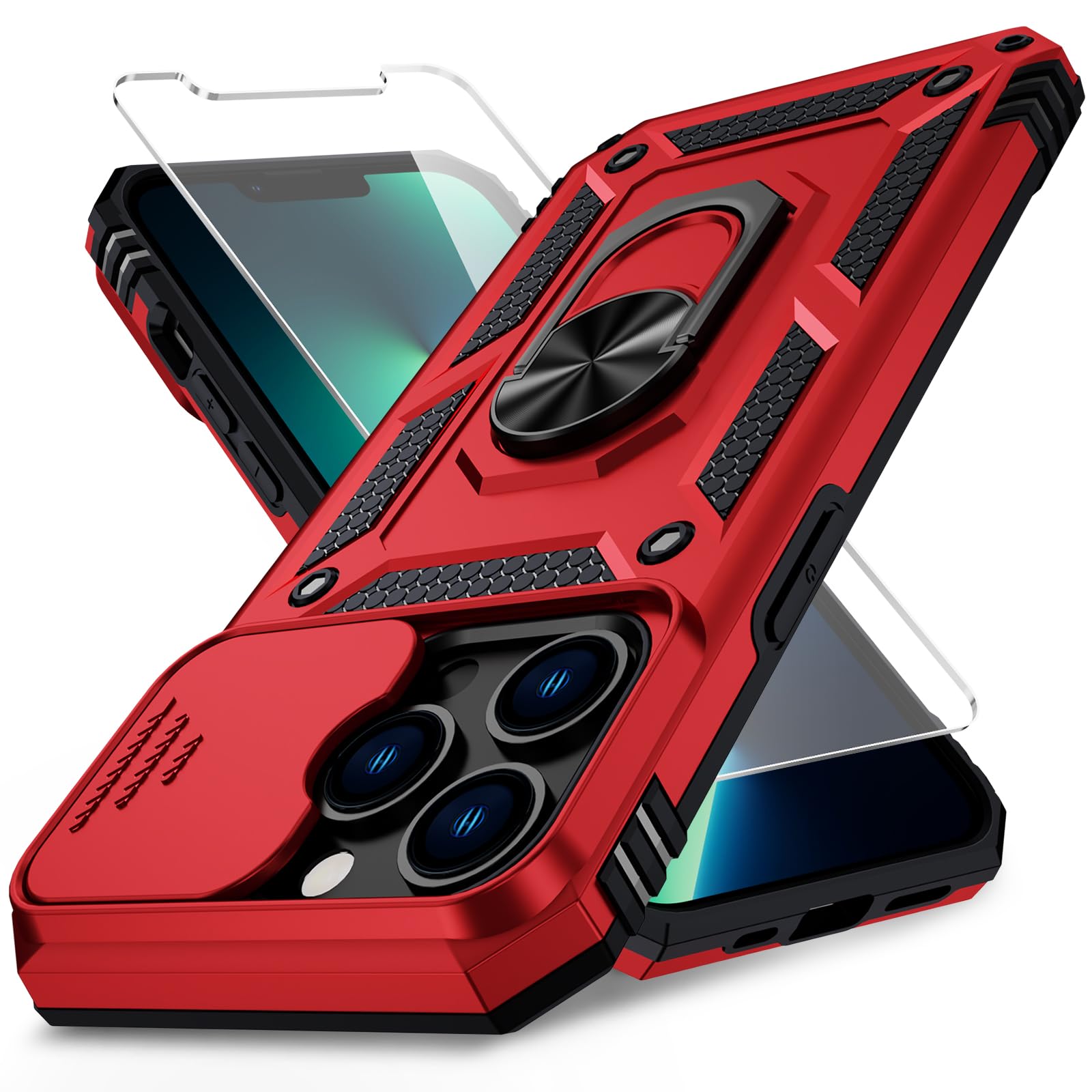 for iPhone 13 Pro Case with Camera Lens Cover, HD Screen Protector, 10 FT Military Grade Drop Protection, Magnetic Ring Holder Kickstand Protective Phone Case for iPhone 13 Pro, Red