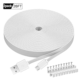 MOYEEL 2- Pack 26FT Flat Power Extension Cable Compatible with Wyze Cam/Wyze Cam Pan,Yi Camera,NestCam Indoor,Blink XT Camera,Netvue Cam,USB to Micro USB Charging Cord for Home Security Camera