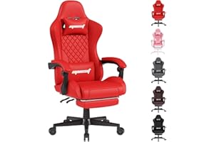 Opiesit Gaming Chair for Adults, Ergonomic Office Computer Chairs with Pocket Spring Cushion, PU Breathable Materials Video Game Chair, Linkage Armrest and Footrest Game Chairs Red