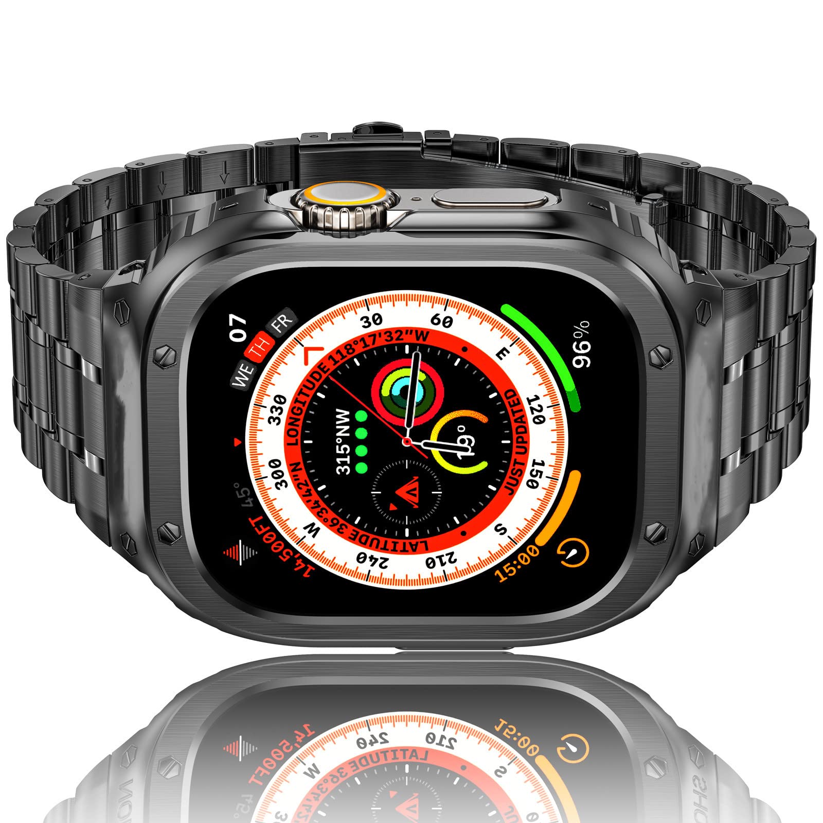 HASLFM Stainless Steel Straps with Case Compatible for Apple Watch 49mm Series Ultra 3/2/1, Rugged Metal Replacement Straps with Cover for iWatch Ultra 3/2/1 Men, Space Grey