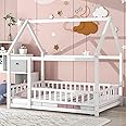 LLS Full Size Floor Bed Frame with Roof, Wooden Montessori Bed with Fence, House Bed for Boys Girls Bedroom, White