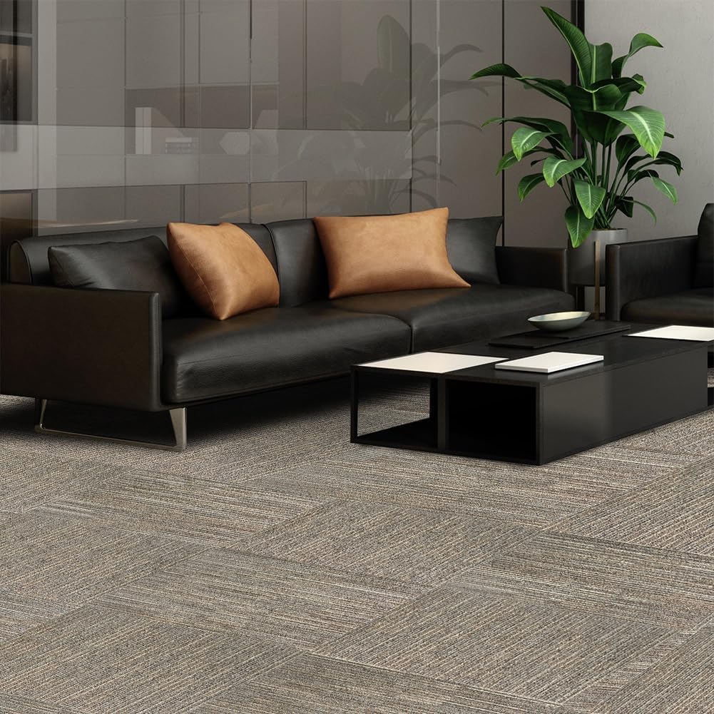 Condition photo showing New/Like New for heavy duty commercial carpet tiles 24" x 24", 18 pcs/72 sq ft (flexlok tabs included),non-slip soft