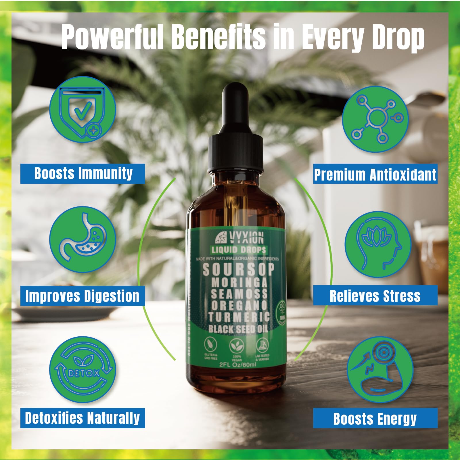 Soursop Bitters Liquid Drops 10 in 1 with Sea Moss, Moringa, Turmeric, Black Seed Oil, Oregano, Ashwagandha | Herbal Extracts for Overall Health-Enhancing | Vegan, Non-GMO | 2 Fl Oz
