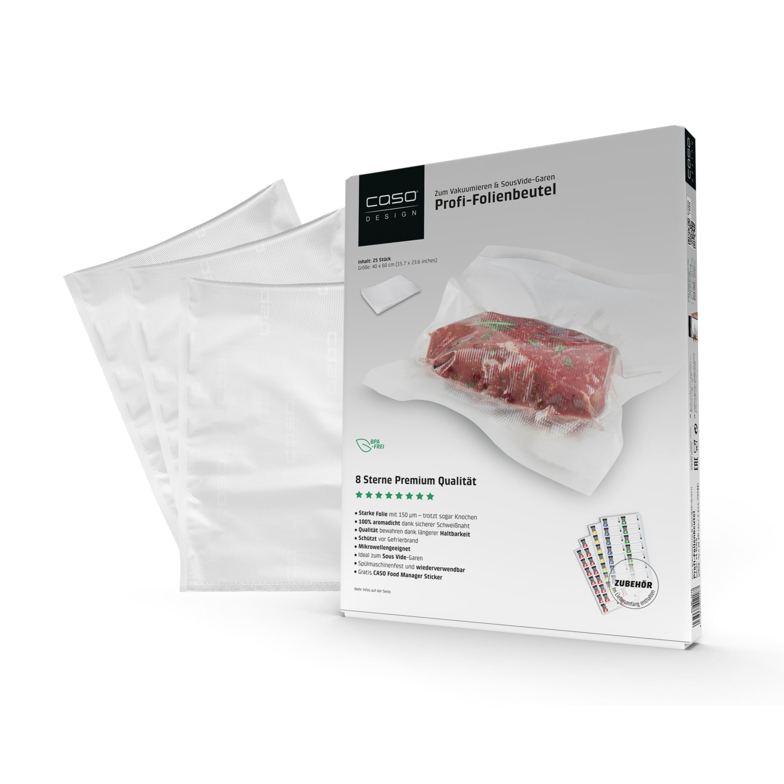 CASO professional film bag 42.40x32.80x2.80 cm/50 bags for all vacuum sealers, BPA-free,very strong & tear resistant 150µm,aroma-tight,boil-proof,sous vide,reusable including Food Manager sticker