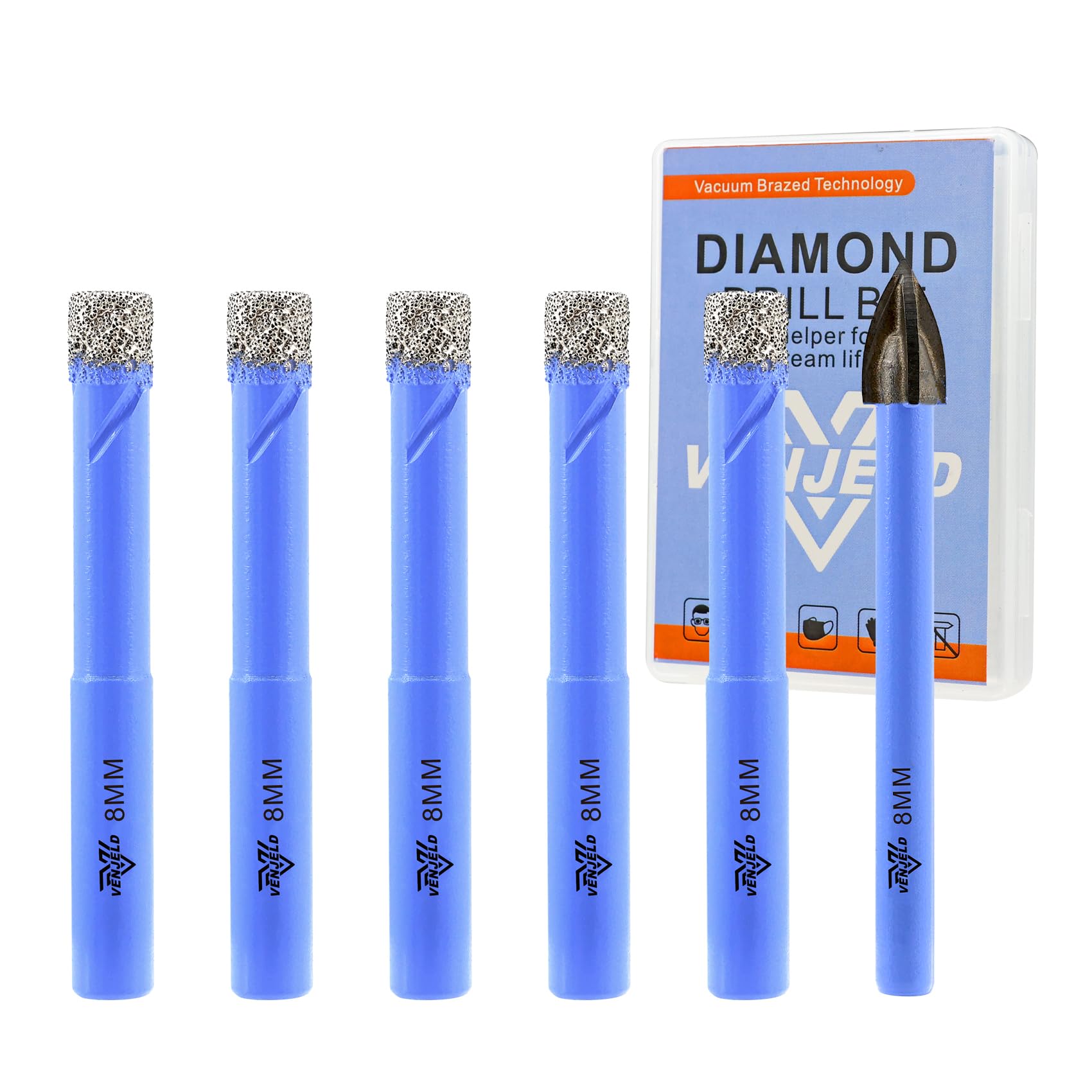 Dry Diamond Drill Bits Set - 8mm 5Pcs Tile Hole Saw Kit and 1Pc 8mm Carbide Drill Bit for Ceramic Porcelain Tile Marble Granite - Round Shank with Storage Case VENJELD