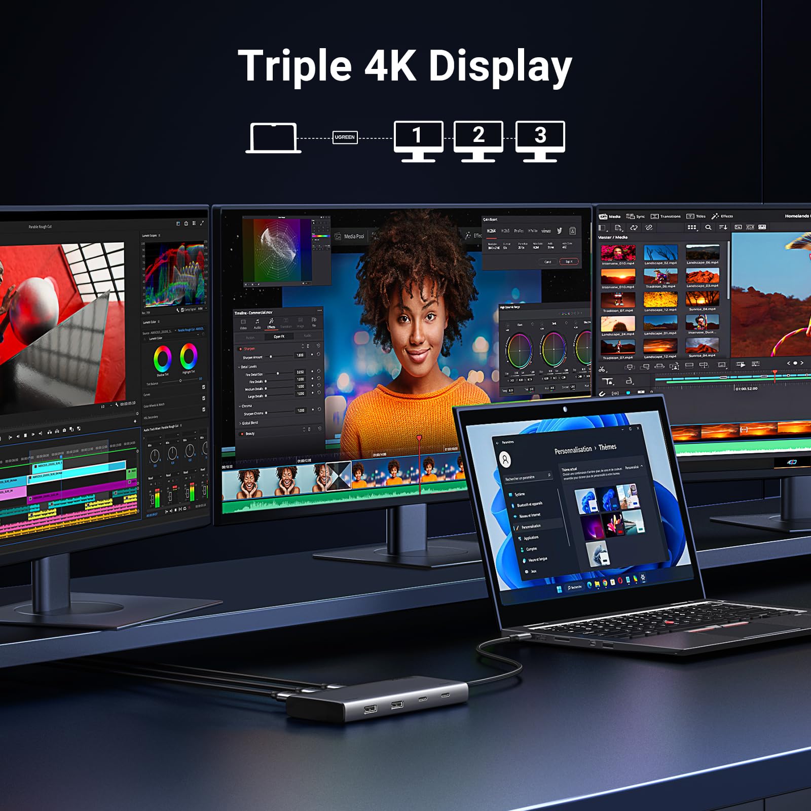 UGREEN Revodok Pro Triple Display Dock USB C Hub 2HDMI DP(4K@60Hz max.), Docking Station mit 10Gbps 4*USB Ports(2*USB A & 2*USB C), PD 100W 3