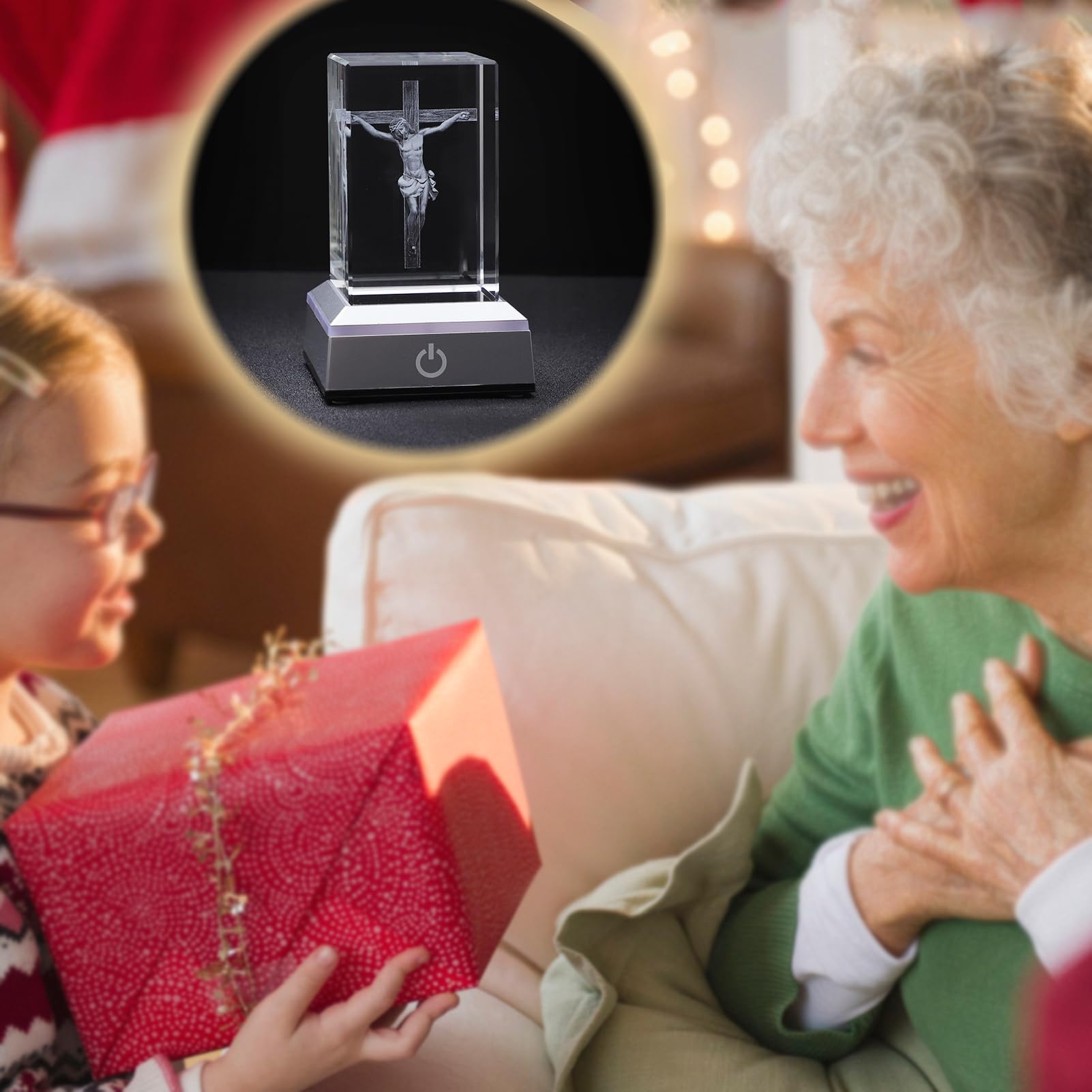 KOMI 3D Crystal Jesus Figurine Statue with LED Light Base, Laser Engraved Jesus Crucifix Statues Religious Gifts for Women Men, Night Light for Bedroom, Christian Catholic Home Decor