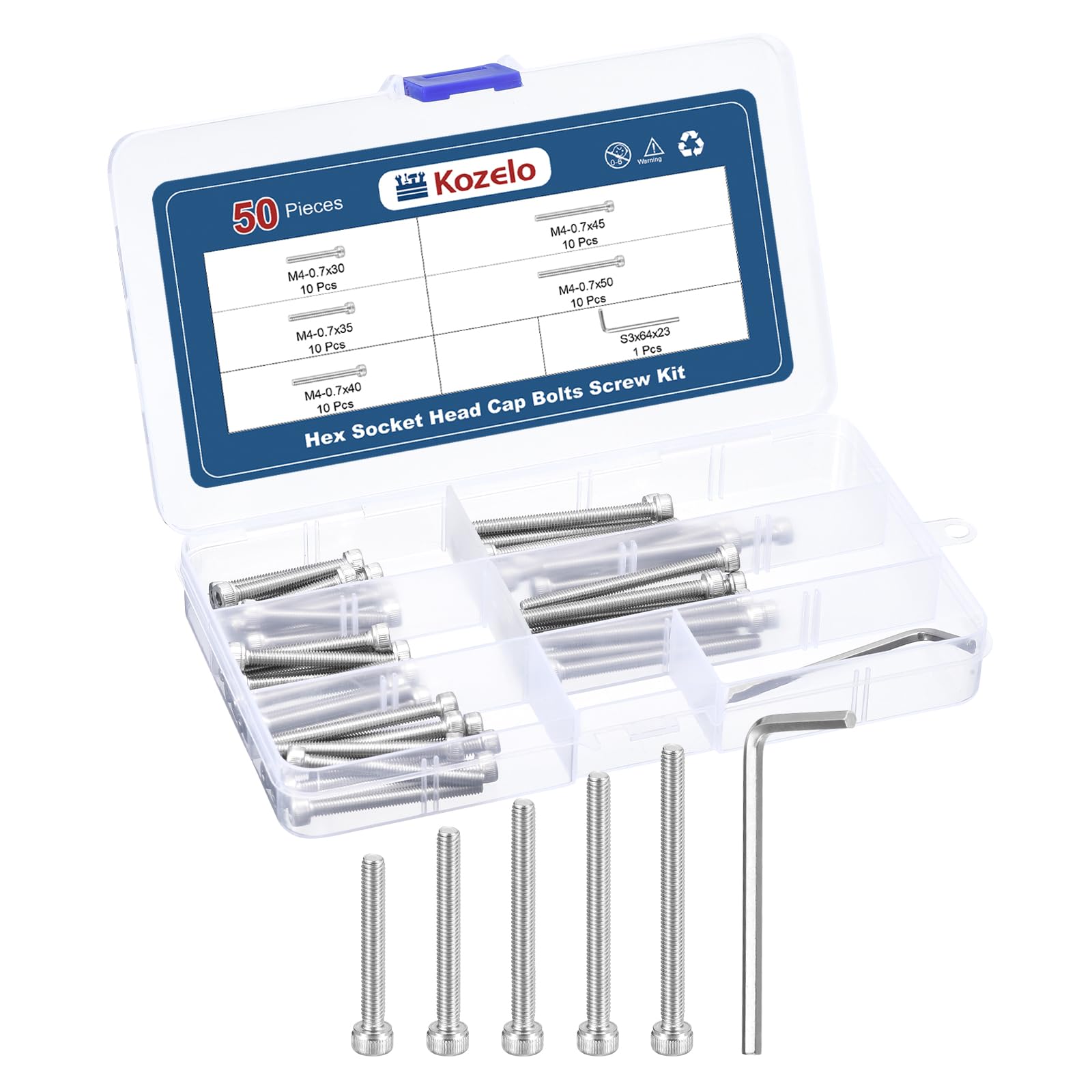 Kozelo 50pcs M4 Socket Head Cap Screws Bolts Nuts Assortment Kit - [M4x30/35/40/45/50mm] 304 Stainless Steel Allen Socket Drive for 3D Printer with Allen Wrench