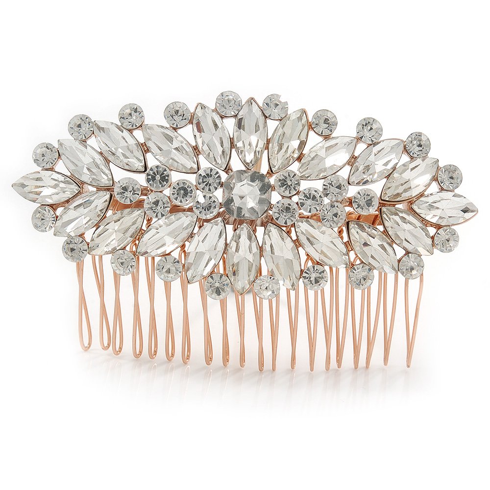 Bridal/Wedding/Prom/Party Art Deco Style Rose Gold Tone Austrian Crystal Hair Comb - 90mm W
