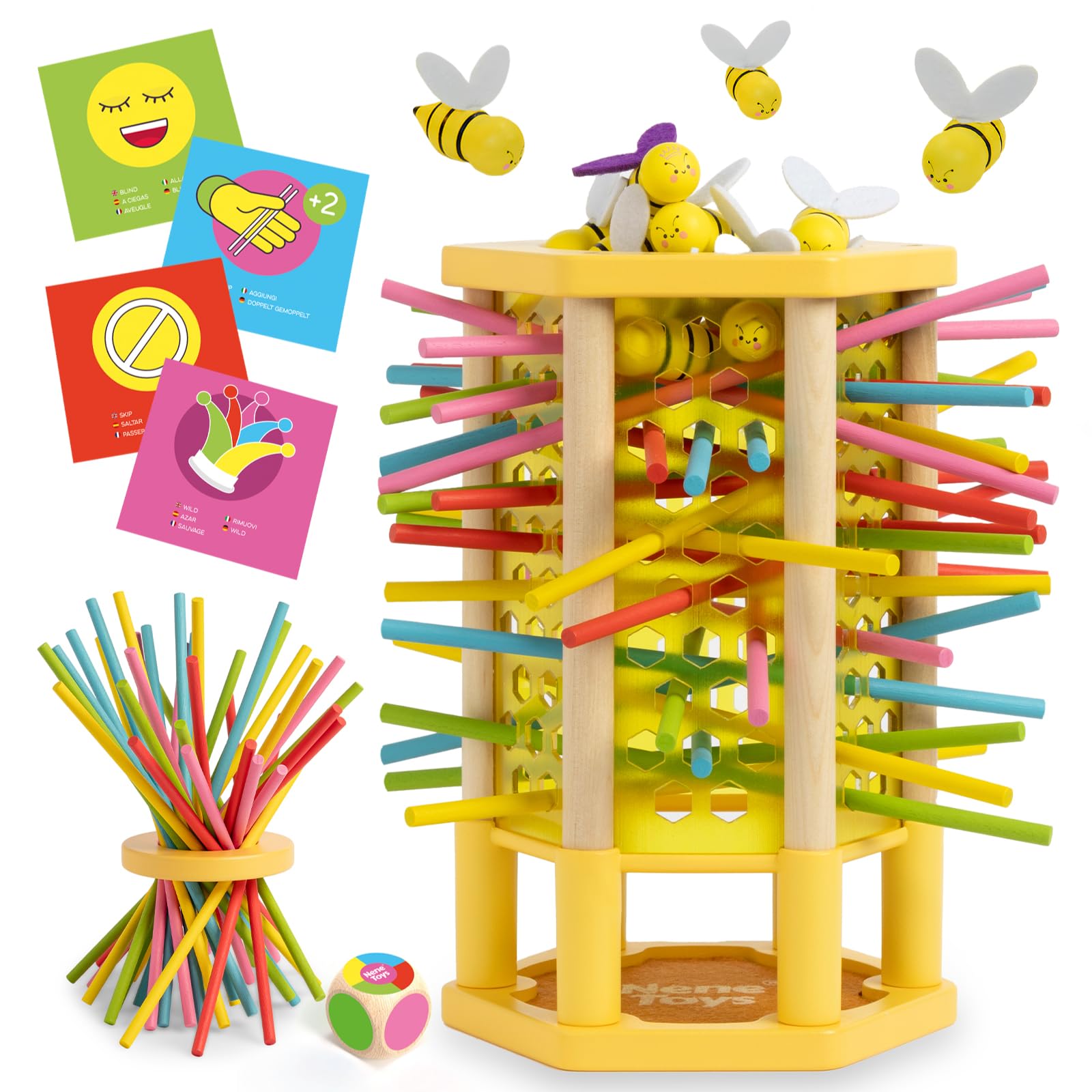 Photo 1 of Nene Toys BeeFall Jumbo, 4-in-1 Wooden Honey Bee Toy for Kids Ages 3-9 - Educational Game with Wooden Honeybee Hive, 12 Bees, Colorful Sticks, Dice & Cards - Fun Family Game for Cognitive Development