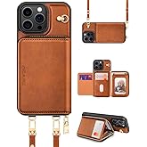 OCASE Compatible with iPhone 16 Pro Crossbody Wallet Case with Card Holder, PU Leather Zipper Handbag Phone Purse with RFID Blocking Kickstand Wrist Strap Lanyard 6.3 Inch, Brown