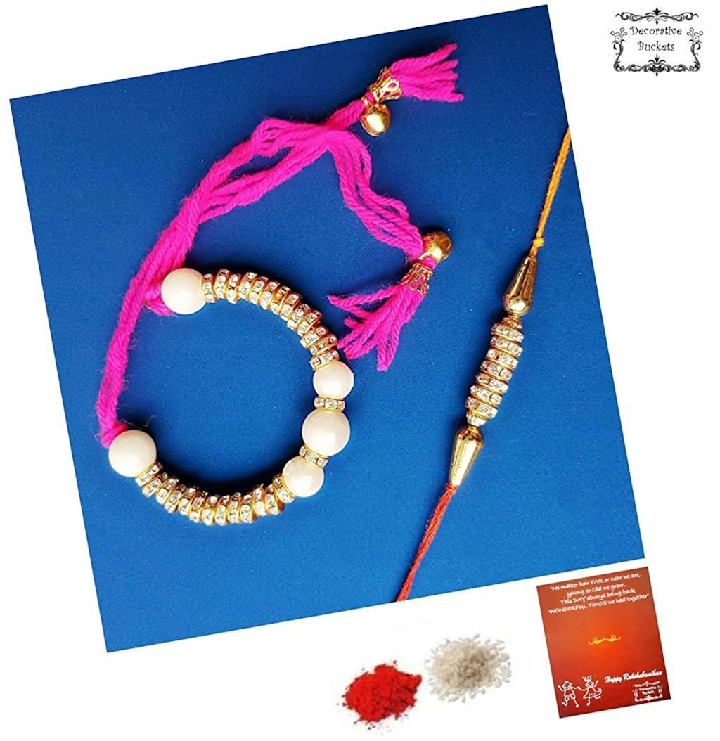 decorative buckets unisex stone and pearl rakhi (multicolour)