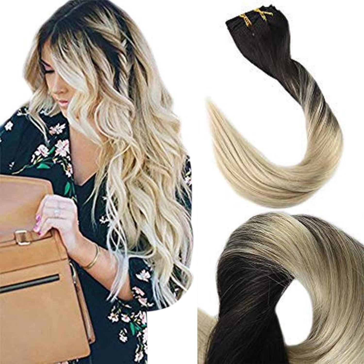 Balayage Clip in Extensions 22 Inch 120 Gram Color 1B Dark