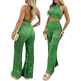 ChicMe Womens Crochet Cover-ups 2 Pieces Halter Sleeveless Crop Top and Casual Hollow-out Loose Fit Pants Set