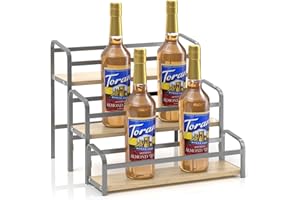 IYEBAU Coffee Syrup Rack,12 Bottle Capacity,3 Tier Coffee Bar Organizer,Kitchen Wine Rack,Coffee Station for Syrup, Wine Stand Shelf,Coffee Bar Accessories (Light Yellow Wood, Grey)